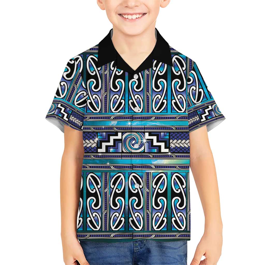 Maori Matariki Family Matching Off The Shoulder Long Sleeve Dress and Hawaiian Shirt Blue Galaxy Aesthetic Koru Art