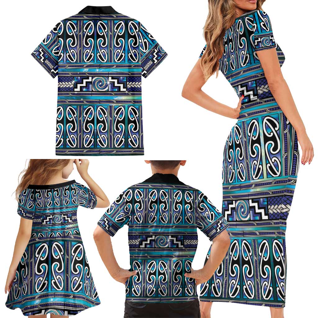 Maori Matariki Family Matching Short Sleeve Bodycon Dress and Hawaiian Shirt Blue Galaxy Aesthetic Koru Art