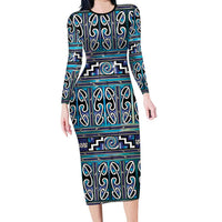 Maori Matariki Long Sleeve Bodycon Dress Blue Galaxy Aesthetic Koru Art