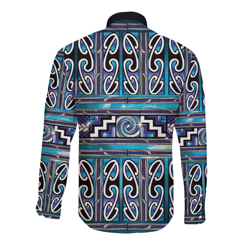Maori Matariki Long Sleeve Button Shirt Blue Galaxy Aesthetic Koru Art