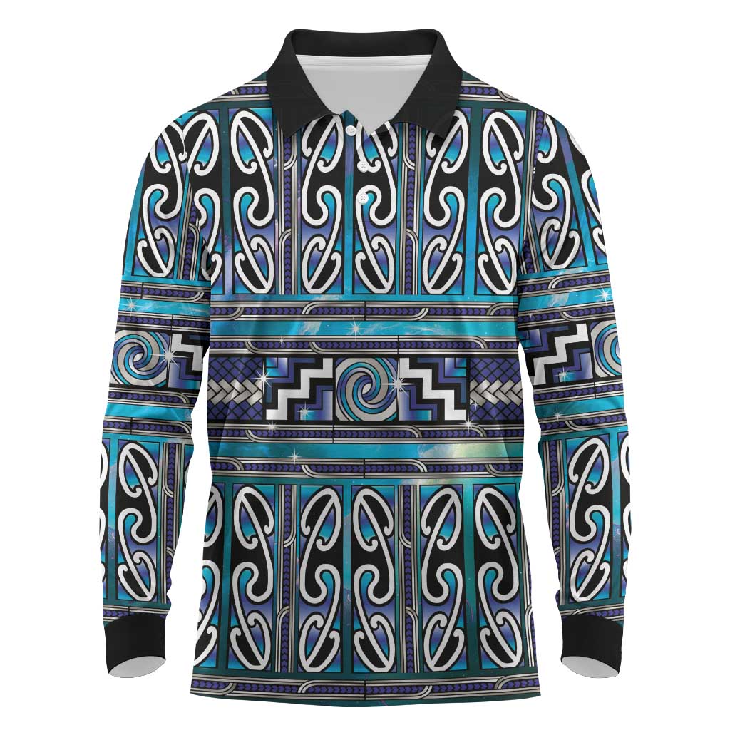 Maori Matariki Long Sleeve Polo Shirt Blue Galaxy Aesthetic Koru Art LT01 Blue - Polynesian Pride