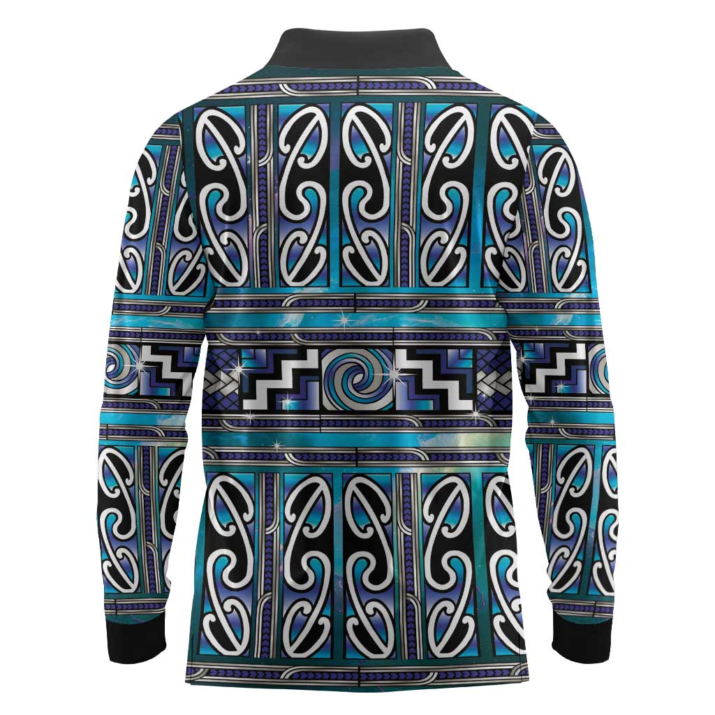 Maori Matariki Long Sleeve Polo Shirt Blue Galaxy Aesthetic Koru Art LT01 - Polynesian Pride