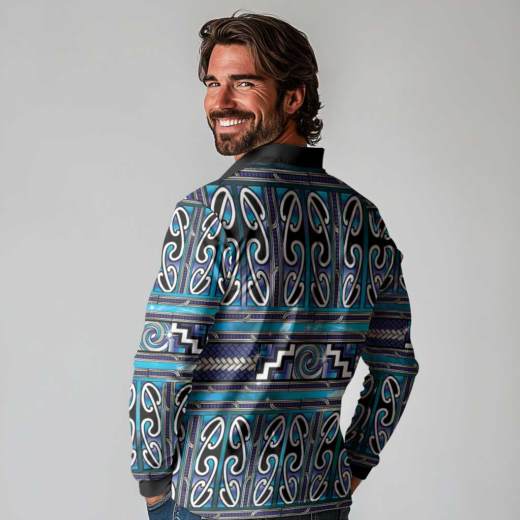 Maori Matariki Long Sleeve Polo Shirt Blue Galaxy Aesthetic Koru Art LT01 - Polynesian Pride
