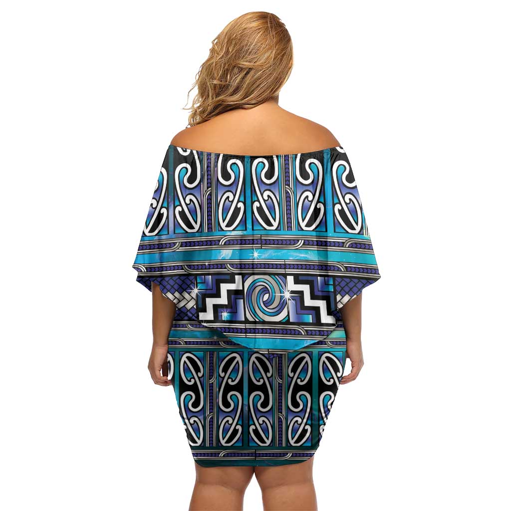 Maori Matariki Off Shoulder Short Dress Blue Galaxy Aesthetic Koru Art