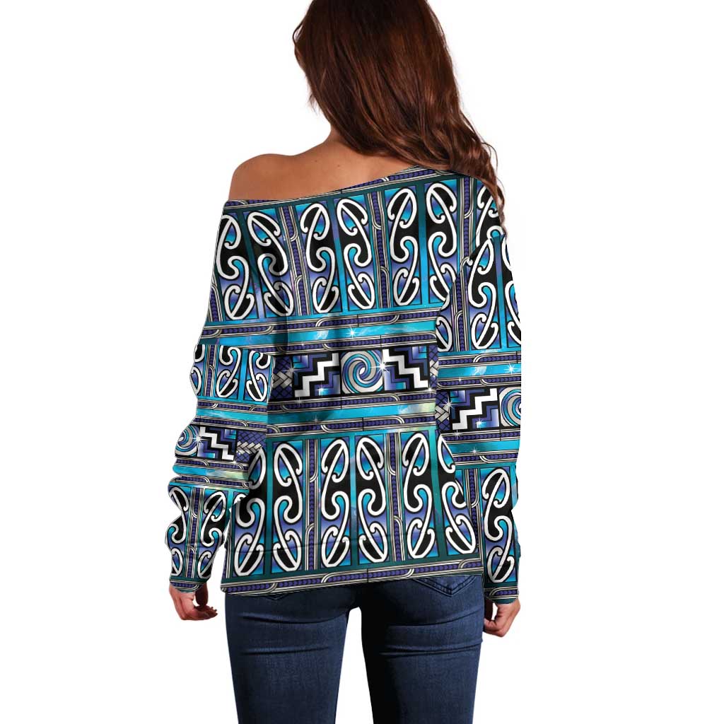 Maori Matariki Off Shoulder Sweater Blue Galaxy Aesthetic Koru Art