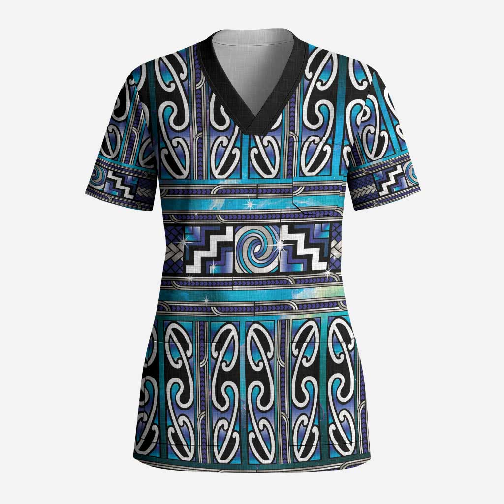 Maori Matariki Scrub Top Blue Galaxy Aesthetic Koru Art