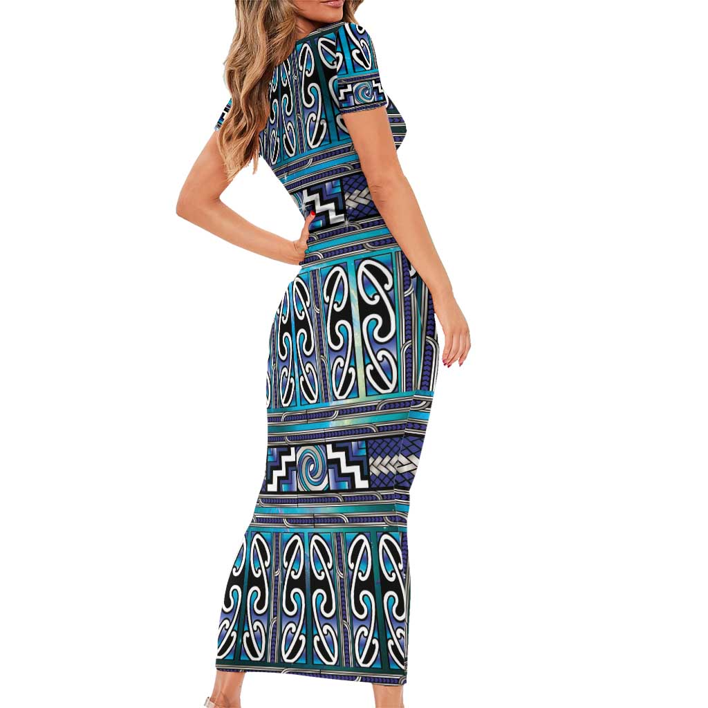 Maori Matariki Short Sleeve Bodycon Dress Blue Galaxy Aesthetic Koru Art