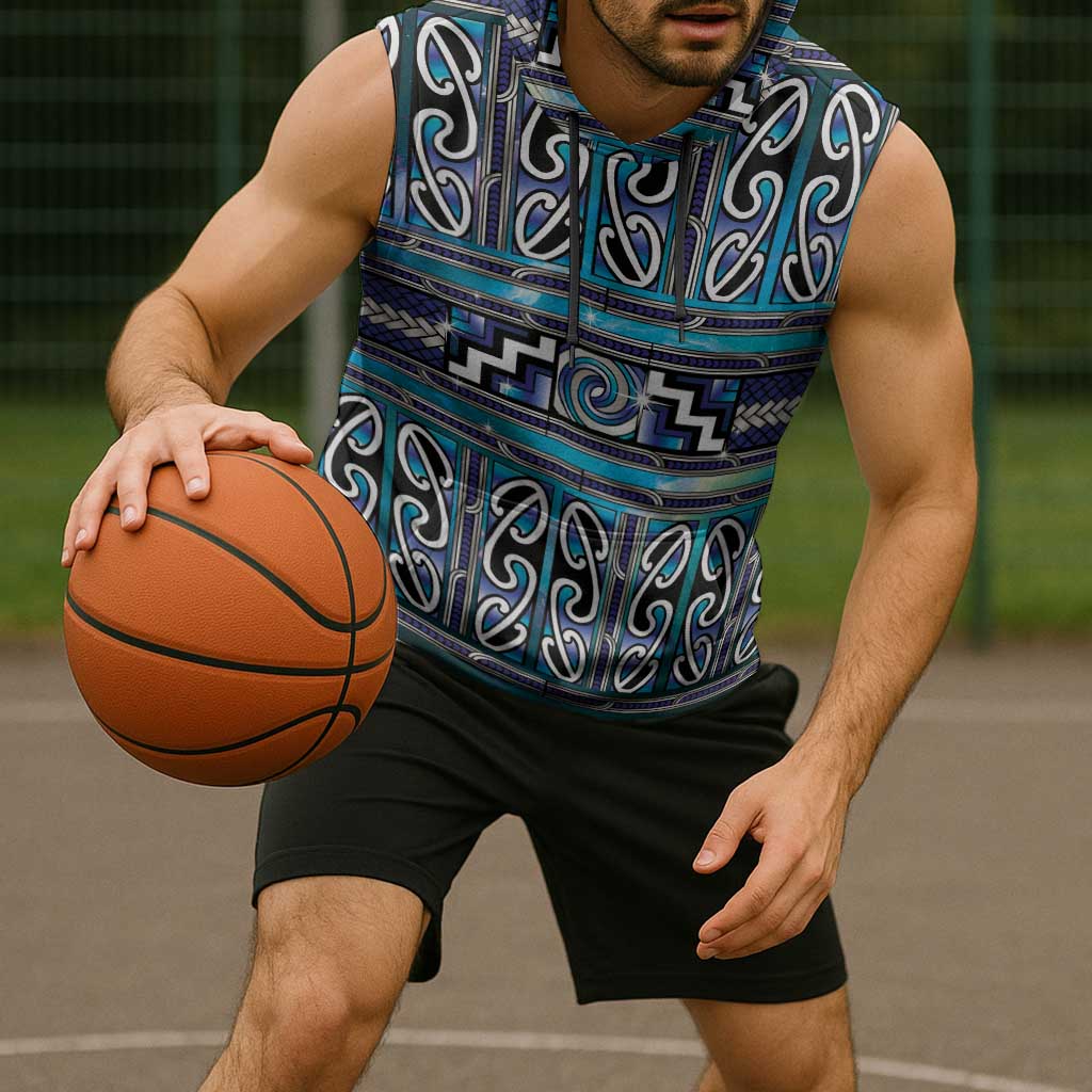Maori Matariki Sleeveless Hoodie Blue Galaxy Aesthetic Koru Art LT01 - Polynesian Pride