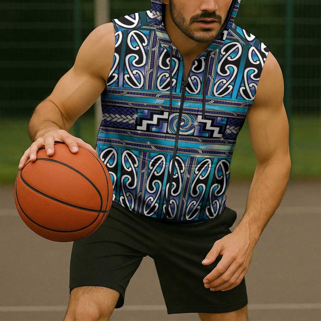 Maori Matariki Sleeveless Zip Hoodie Blue Galaxy Aesthetic Koru Art LT01 - Polynesian Pride