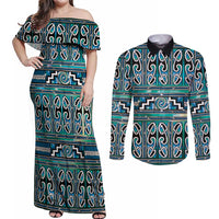 Maori Matariki Couples Matching Off Shoulder Maxi Dress and Long Sleeve Button Shirt Green Galaxy Aesthetic Koru Art