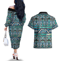 Maori Matariki Couples Matching Off The Shoulder Long Sleeve Dress and Hawaiian Shirt Green Galaxy Aesthetic Koru Art