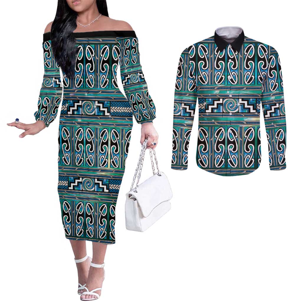 Maori Matariki Couples Matching Off The Shoulder Long Sleeve Dress and Long Sleeve Button Shirt Green Galaxy Aesthetic Koru Art