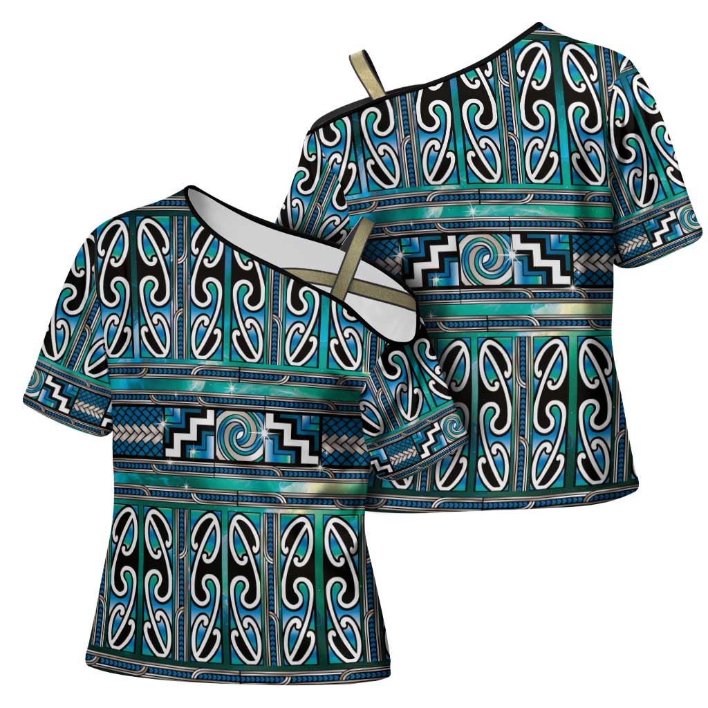 Maori Matariki Cross Shoulder Shirt Green Galaxy Aesthetic Koru Art LT01 - Polynesian Pride