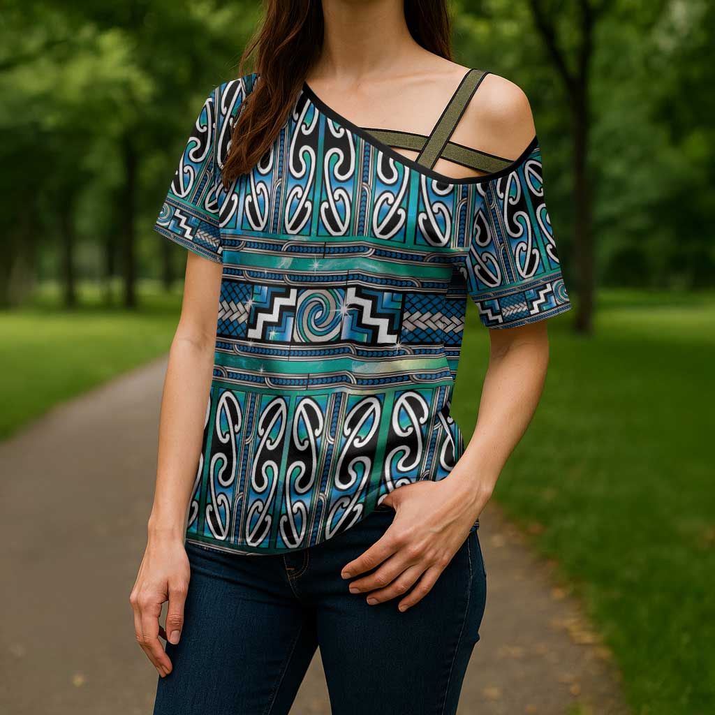 Maori Matariki Cross Shoulder Shirt Green Galaxy Aesthetic Koru Art LT01 - Polynesian Pride