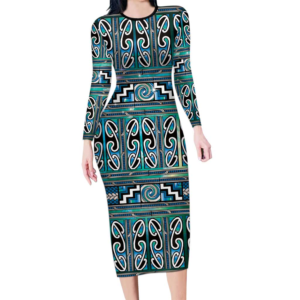 Maori Matariki Family Matching Long Sleeve Bodycon Dress and Hawaiian Shirt Green Galaxy Aesthetic Koru Art