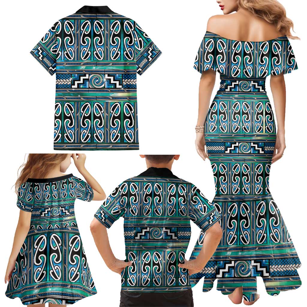 Maori Matariki Family Matching Mermaid Dress and Hawaiian Shirt Green Galaxy Aesthetic Koru Art