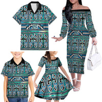Maori Matariki Family Matching Off The Shoulder Long Sleeve Dress and Hawaiian Shirt Green Galaxy Aesthetic Koru Art