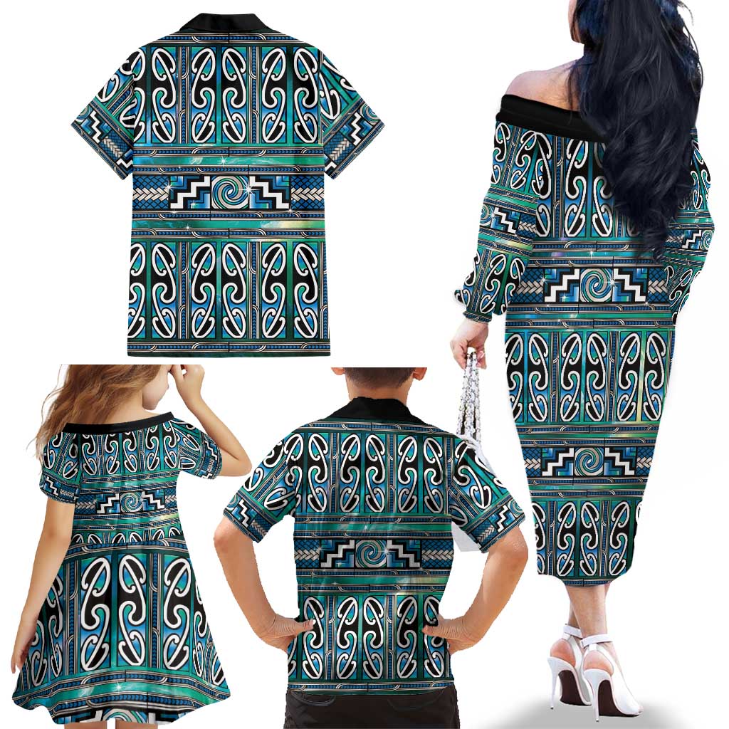 Maori Matariki Family Matching Off The Shoulder Long Sleeve Dress and Hawaiian Shirt Green Galaxy Aesthetic Koru Art