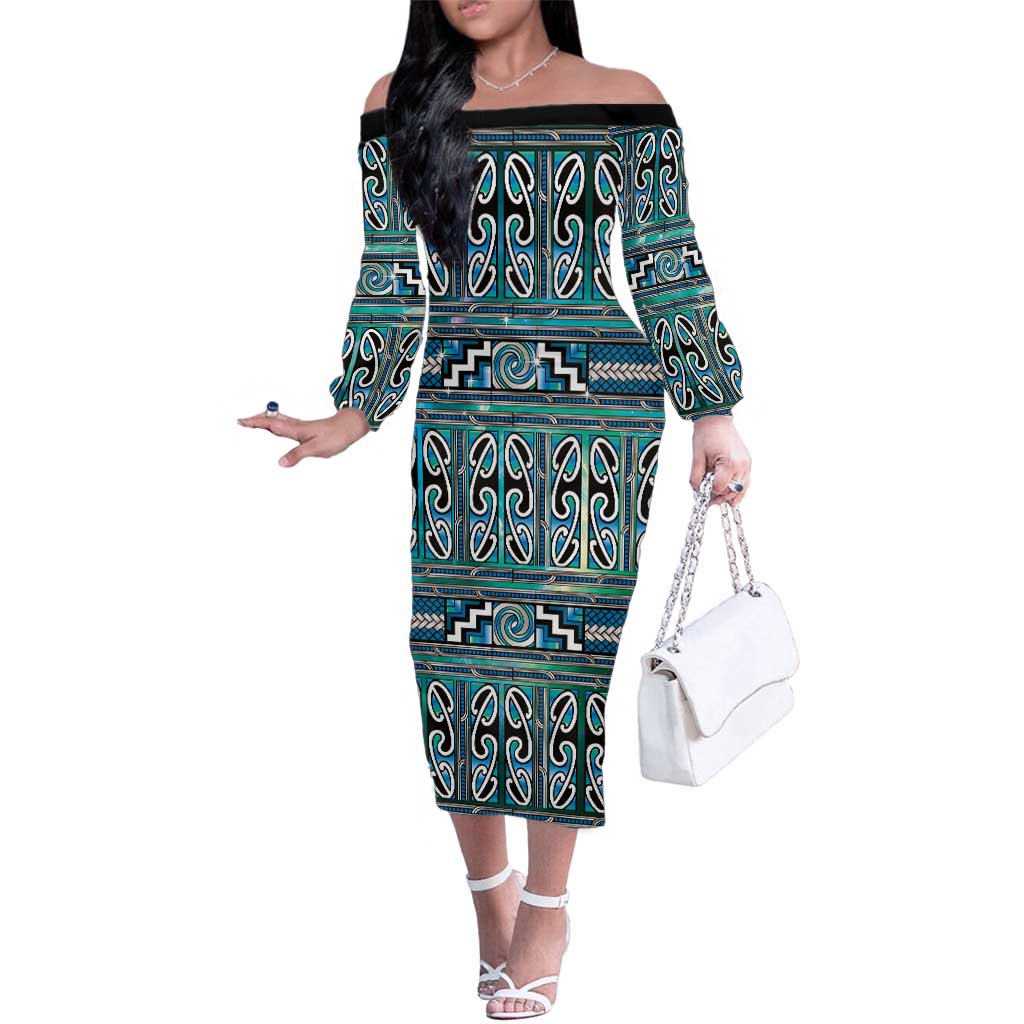 Maori Matariki Family Matching Off The Shoulder Long Sleeve Dress and Hawaiian Shirt Green Galaxy Aesthetic Koru Art