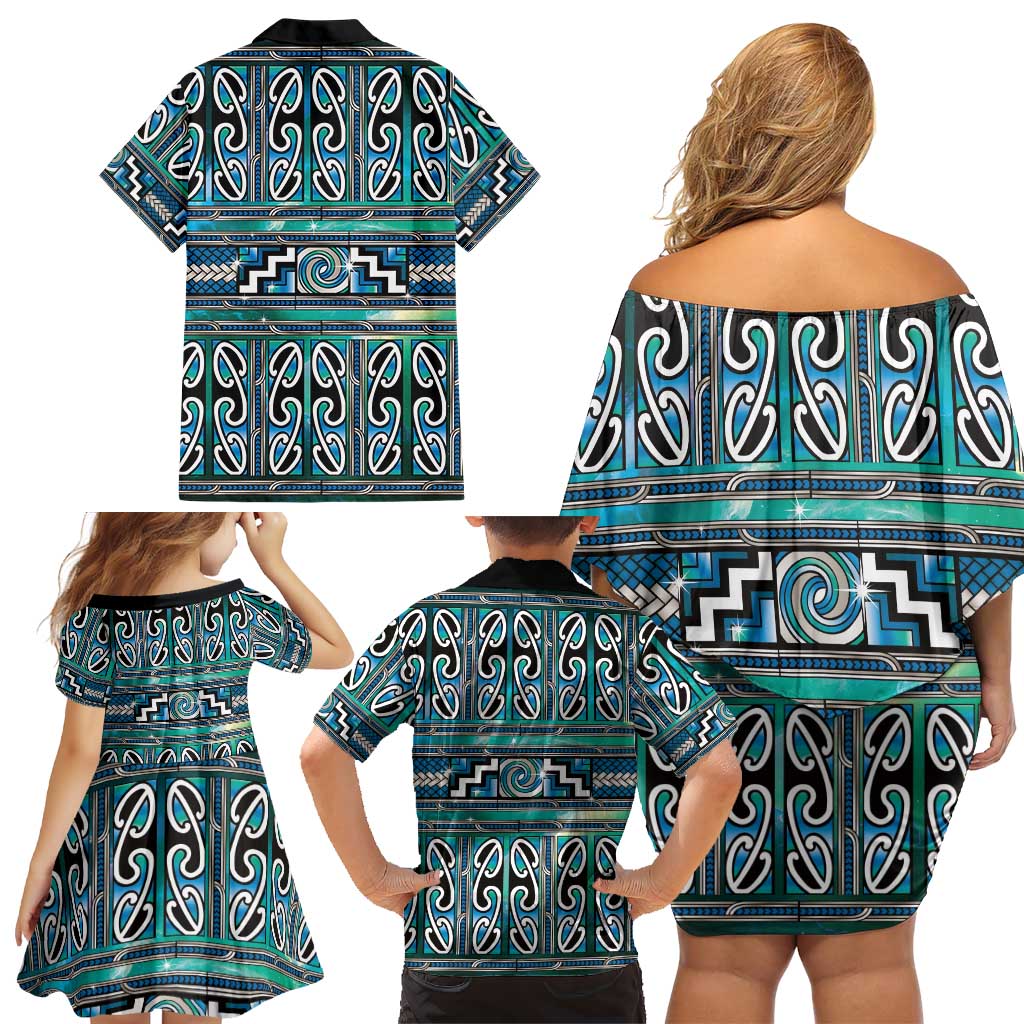 Maori Matariki Family Matching Off Shoulder Short Dress and Hawaiian Shirt Green Galaxy Aesthetic Koru Art