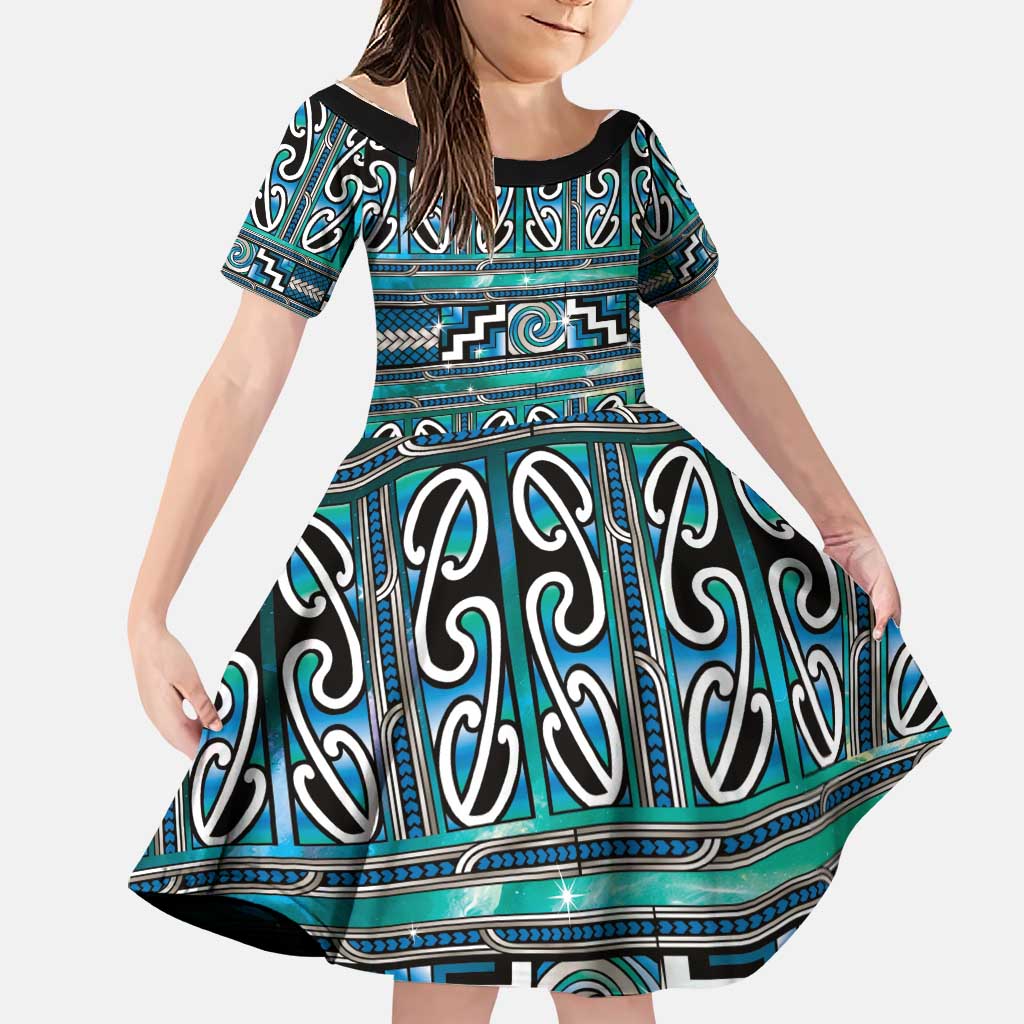 Maori Matariki Family Matching Summer Maxi Dress and Hawaiian Shirt Green Galaxy Aesthetic Koru Art LT01 Daughter's Dress Green - Polynesian Pride