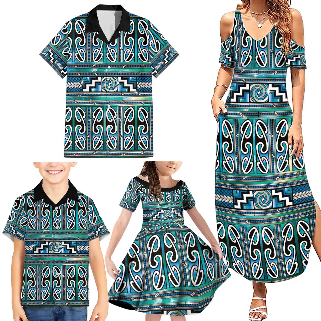 Maori Matariki Family Matching Summer Maxi Dress and Hawaiian Shirt Green Galaxy Aesthetic Koru Art LT01 - Polynesian Pride