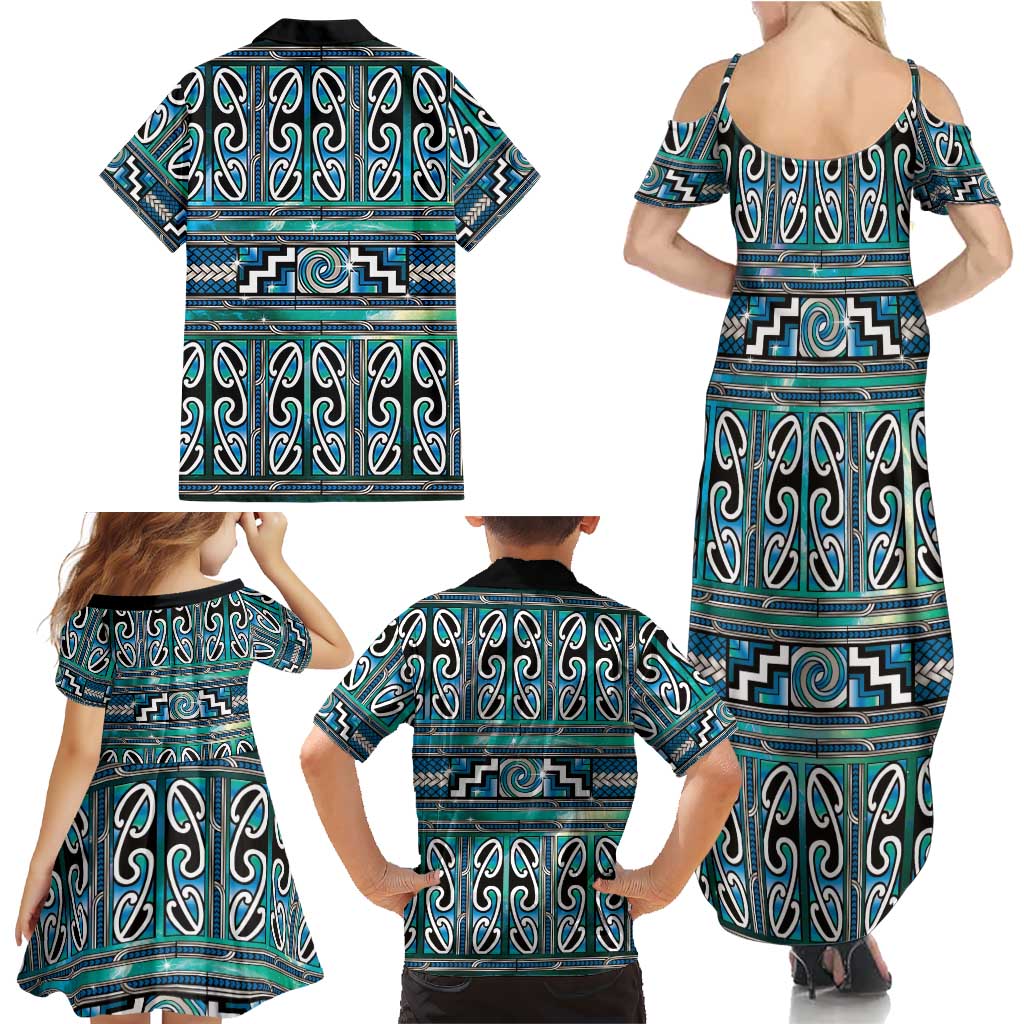 Maori Matariki Family Matching Summer Maxi Dress and Hawaiian Shirt Green Galaxy Aesthetic Koru Art LT01 - Polynesian Pride