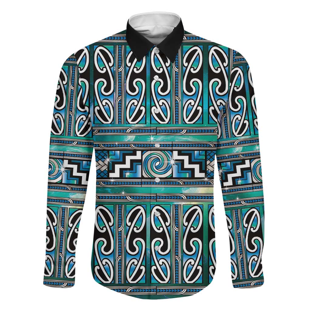 Maori Matariki Family Matching Summer Maxi Dress and Hawaiian Shirt Green Galaxy Aesthetic Koru Art LT01 Dad's Shirt - Long Sleeve Green - Polynesian Pride