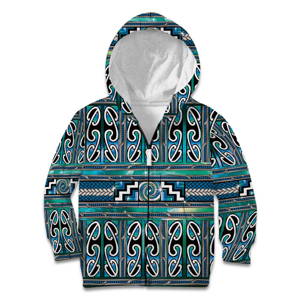 Maori Matariki Kid Hoodie Green Galaxy Aesthetic Koru Art LT01 Zip Hoodie Green - Polynesian Pride