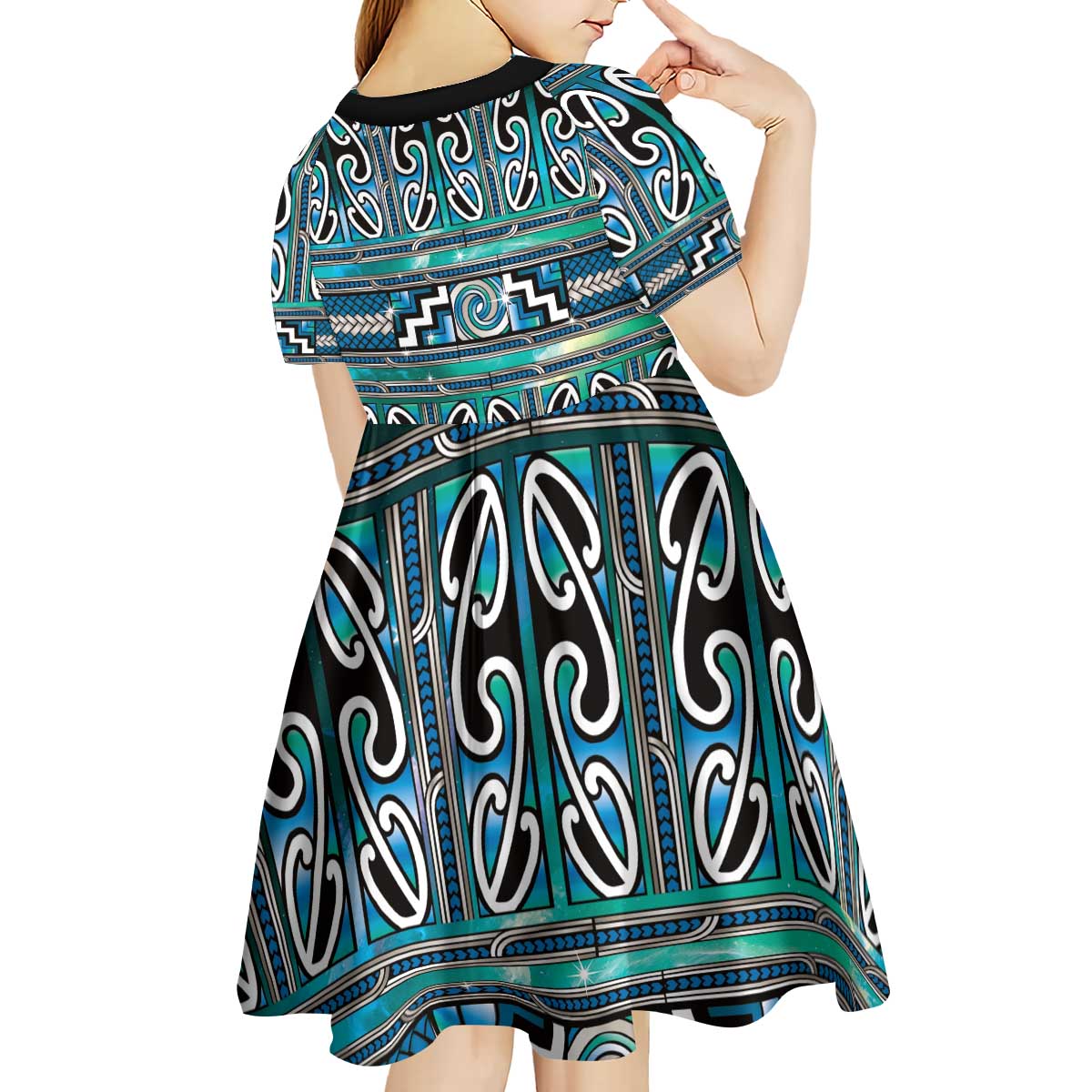 Maori Matariki Kid Short Sleeve Dress Green Galaxy Aesthetic Koru Art