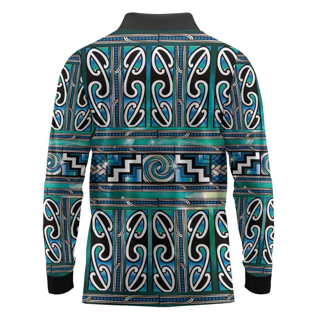 Maori Matariki Long Sleeve Polo Shirt Green Galaxy Aesthetic Koru Art