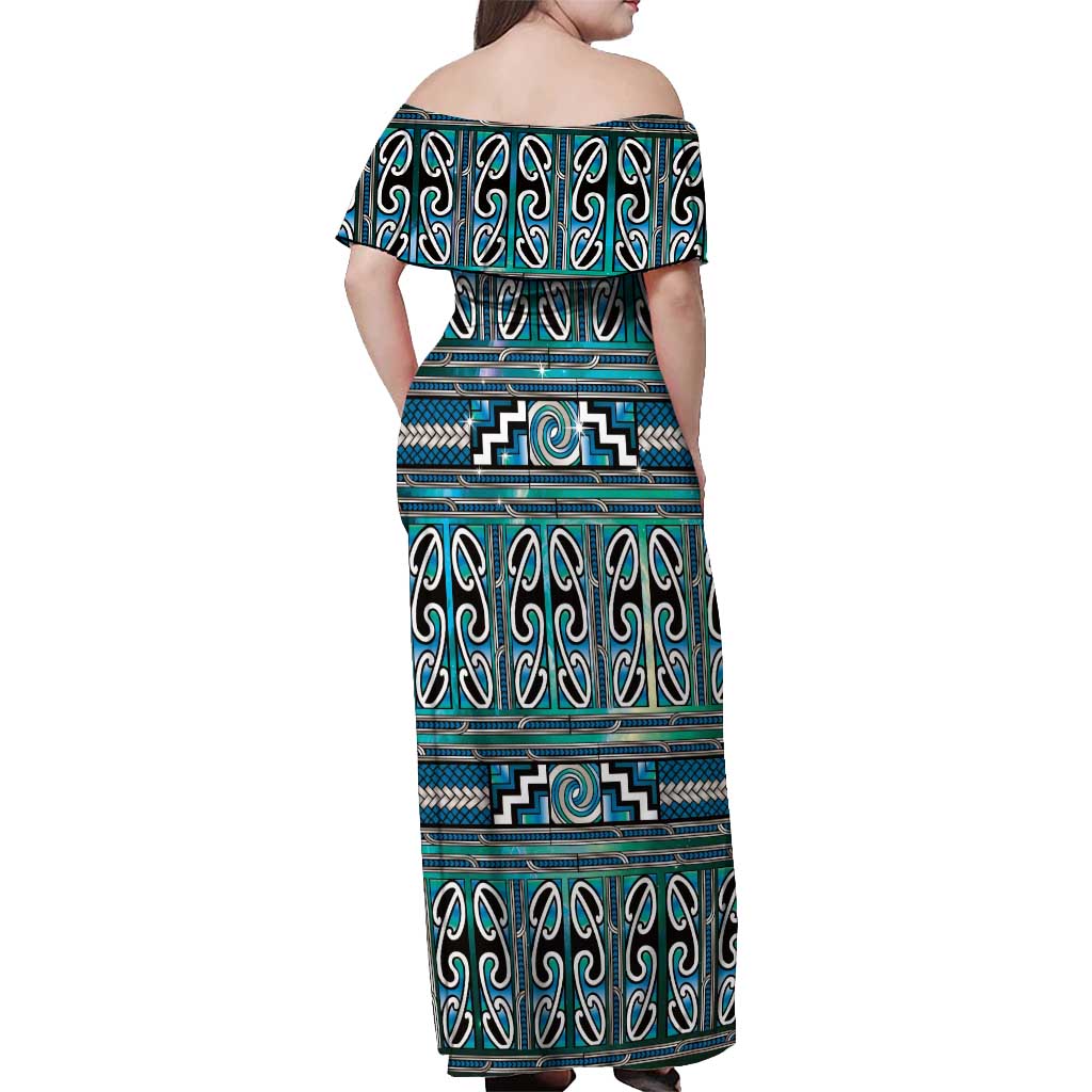 Maori Matariki Off Shoulder Maxi Dress Green Galaxy Aesthetic Koru Art LT01 - Polynesian Pride