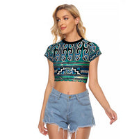 Maori Matariki Raglan Cropped T Shirt Green Galaxy Aesthetic Koru Art LT01 Female Green - Polynesian Pride