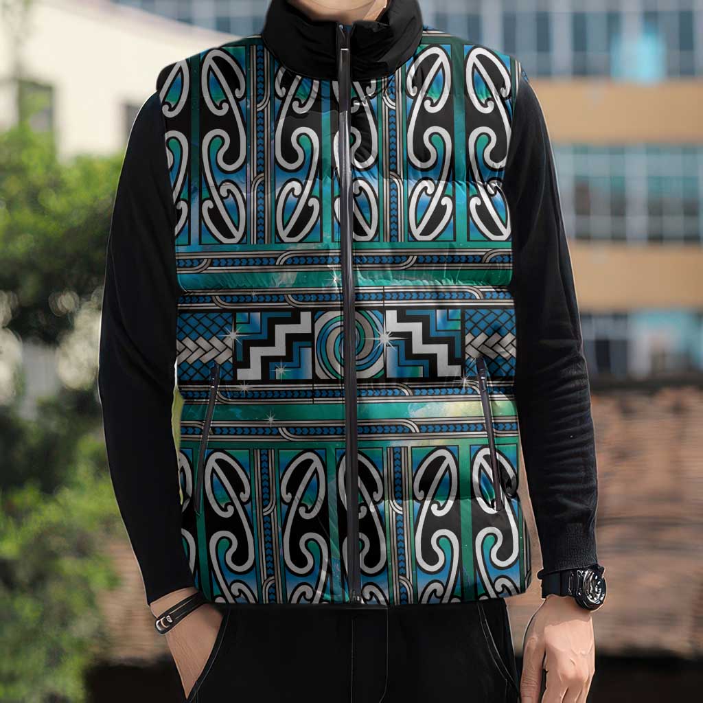 Maori Matariki Sleeveless Puffer Jacket Green Galaxy Aesthetic Koru Art
