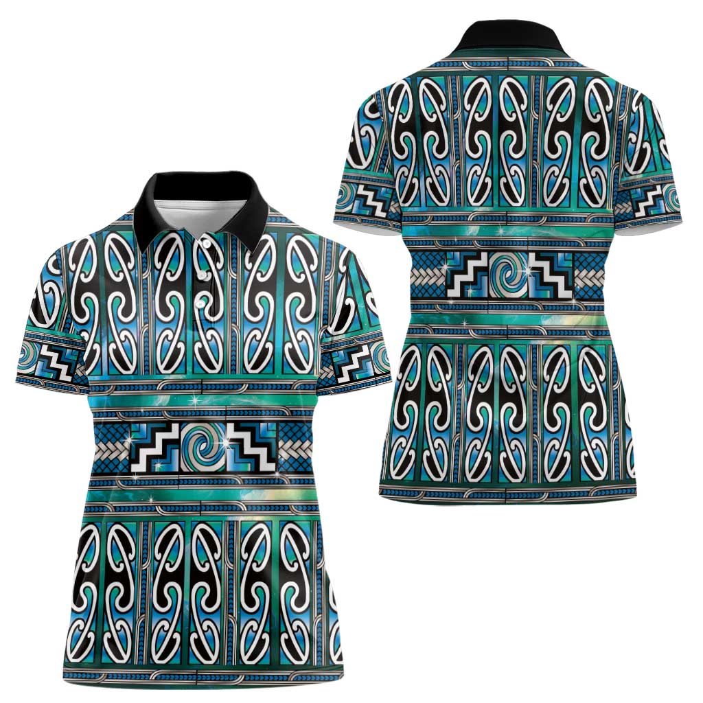 Maori Matariki Women Polo Shirt Green Galaxy Aesthetic Koru Art