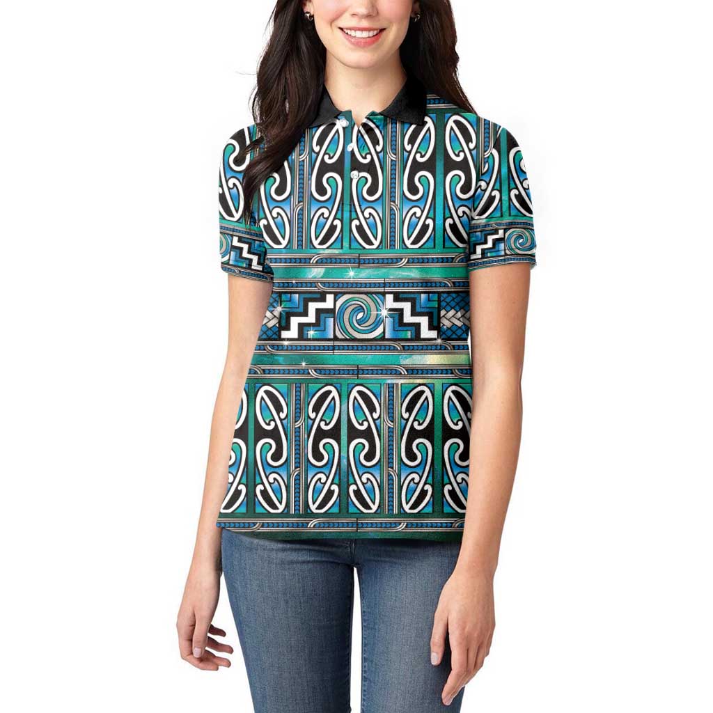 Maori Matariki Women Polo Shirt Green Galaxy Aesthetic Koru Art