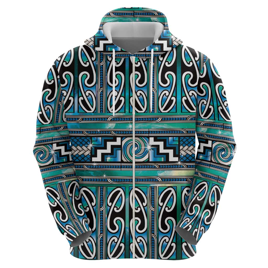 Maori Matariki Zip Hoodie Green Galaxy Aesthetic Koru Art LT01 - Polynesian Pride