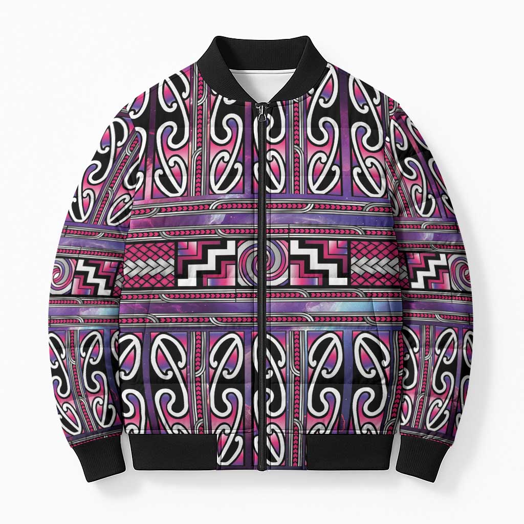 Maori Matariki Bomber Puffer Jacket Pink Galaxy Aesthetic Koru Art