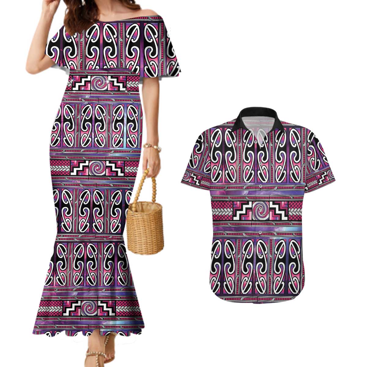 Maori Matariki Couples Matching Mermaid Dress and Hawaiian Shirt Pink Galaxy Aesthetic Koru Art