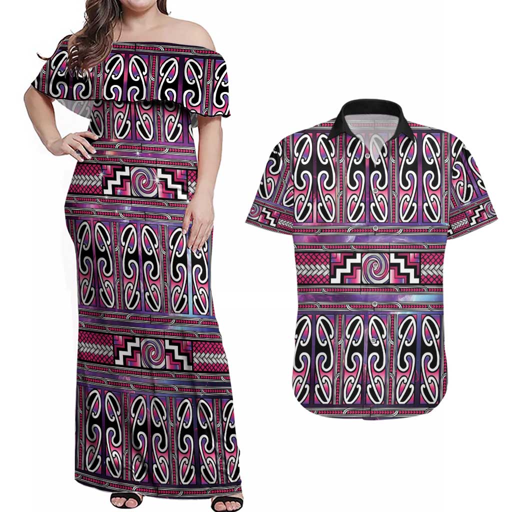 Maori Matariki Couples Matching Off Shoulder Maxi Dress and Hawaiian Shirt Pink Galaxy Aesthetic Koru Art