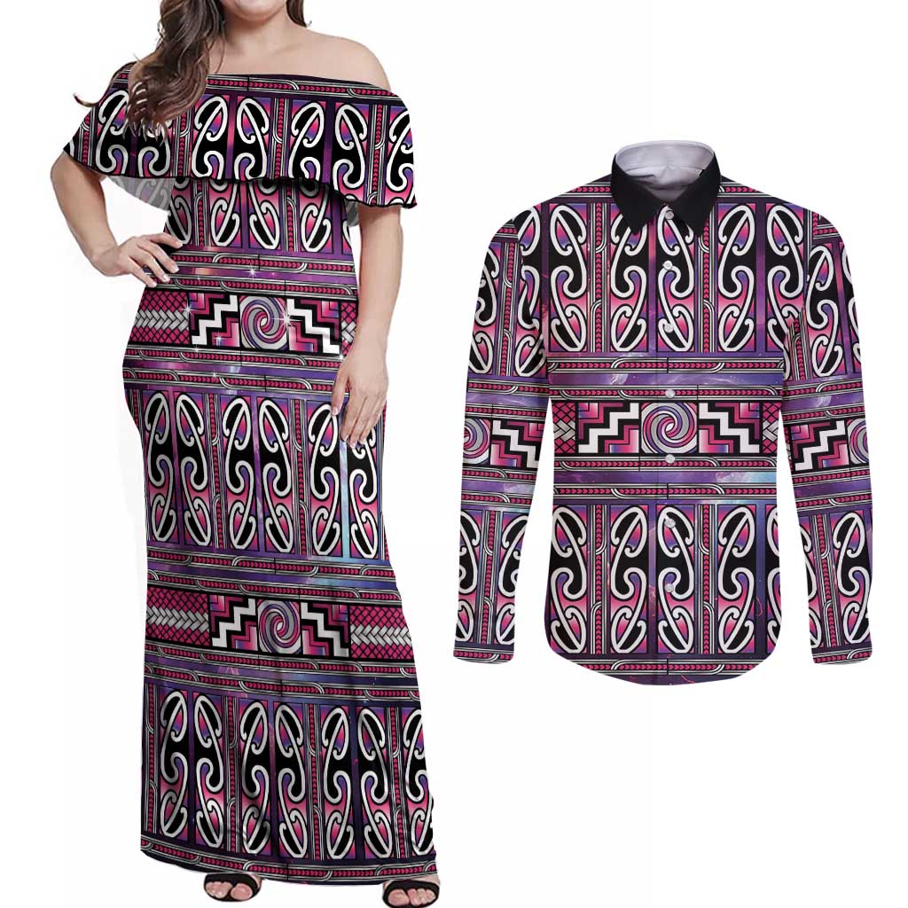 Maori Matariki Couples Matching Off Shoulder Maxi Dress and Long Sleeve Button Shirt Pink Galaxy Aesthetic Koru Art LT01 Pink - Polynesian Pride