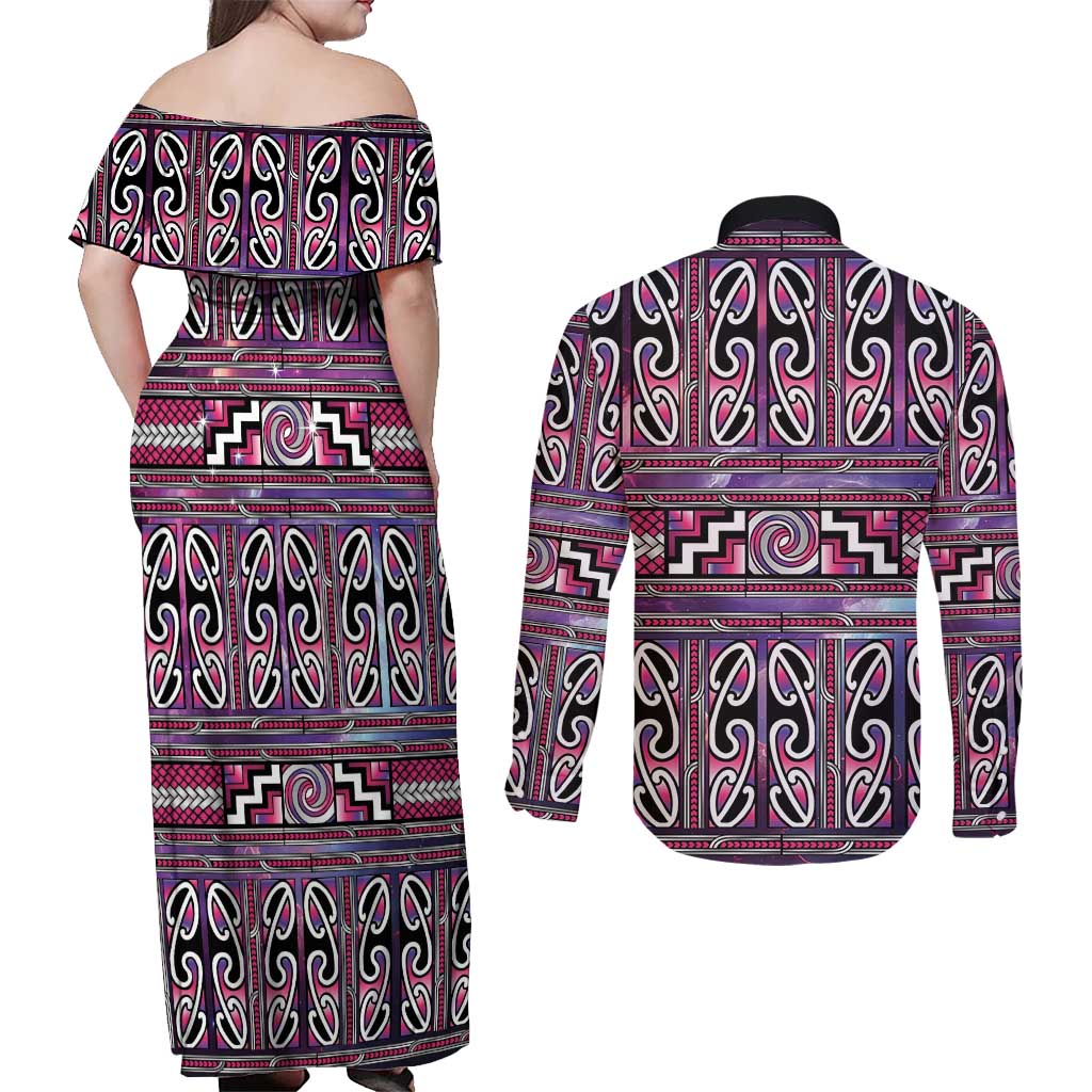 Maori Matariki Couples Matching Off Shoulder Maxi Dress and Long Sleeve Button Shirt Pink Galaxy Aesthetic Koru Art LT01 - Polynesian Pride