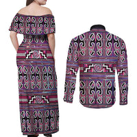 Maori Matariki Couples Matching Off Shoulder Maxi Dress and Long Sleeve Button Shirt Pink Galaxy Aesthetic Koru Art LT01 - Polynesian Pride