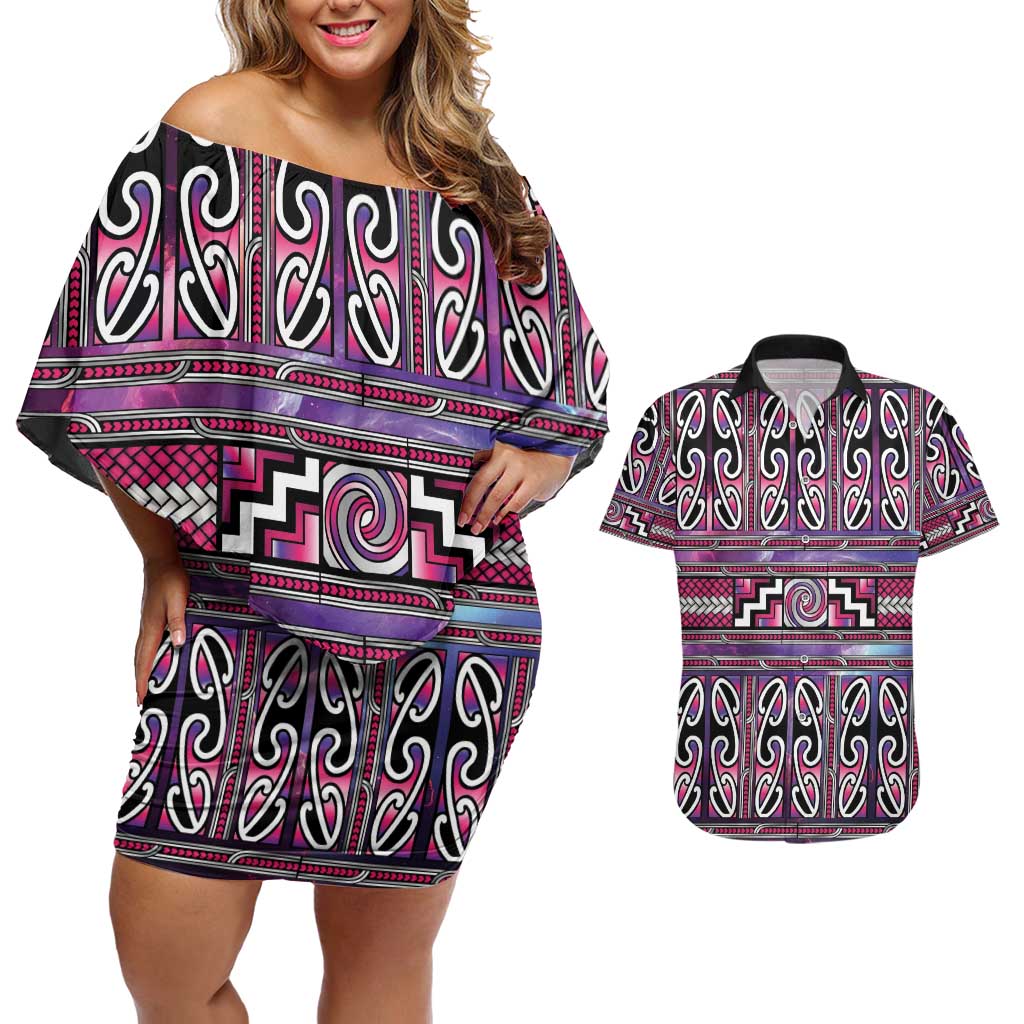 Maori Matariki Couples Matching Off Shoulder Short Dress and Hawaiian Shirt Pink Galaxy Aesthetic Koru Art