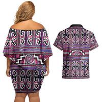 Maori Matariki Couples Matching Off Shoulder Short Dress and Hawaiian Shirt Pink Galaxy Aesthetic Koru Art