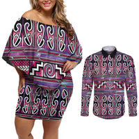 Maori Matariki Couples Matching Off Shoulder Short Dress and Long Sleeve Button Shirt Pink Galaxy Aesthetic Koru Art