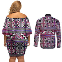 Maori Matariki Couples Matching Off Shoulder Short Dress and Long Sleeve Button Shirt Pink Galaxy Aesthetic Koru Art
