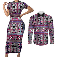 Maori Matariki Couples Matching Short Sleeve Bodycon Dress and Long Sleeve Button Shirt Pink Galaxy Aesthetic Koru Art