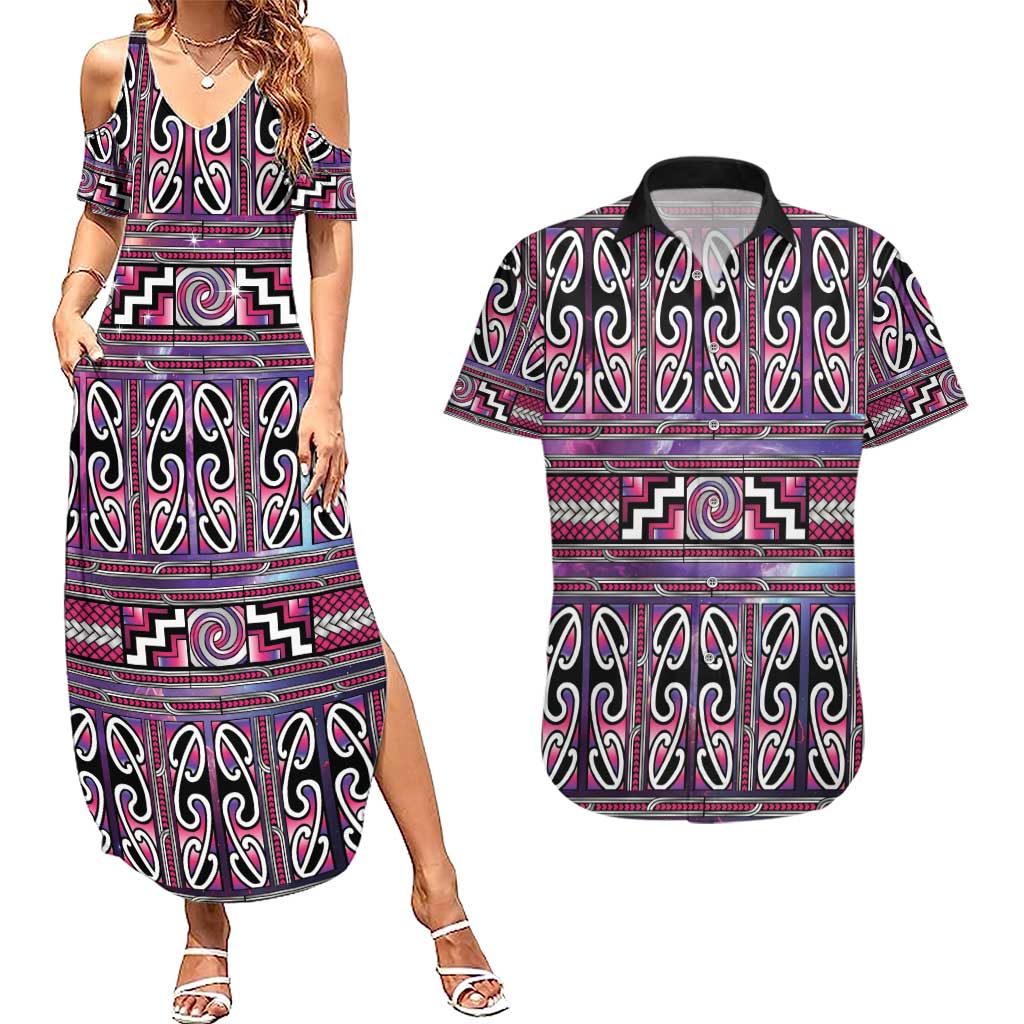 Maori Matariki Couples Matching Summer Maxi Dress and Hawaiian Shirt Pink Galaxy Aesthetic Koru Art