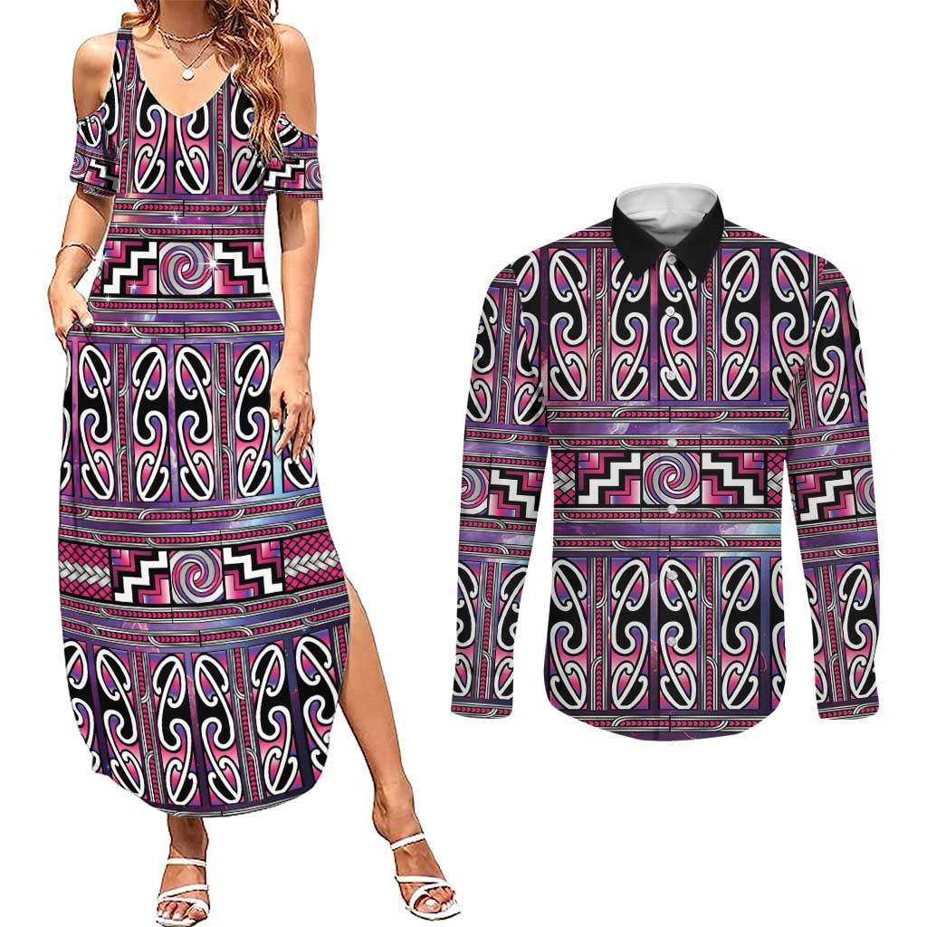 Maori Matariki Couples Matching Summer Maxi Dress and Long Sleeve Button Shirt Pink Galaxy Aesthetic Koru Art